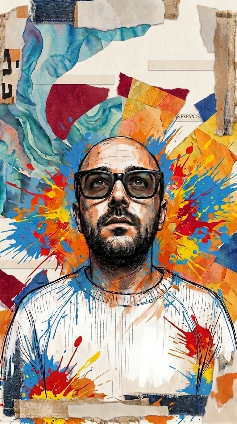 Illustrated collage portrait of Kamel