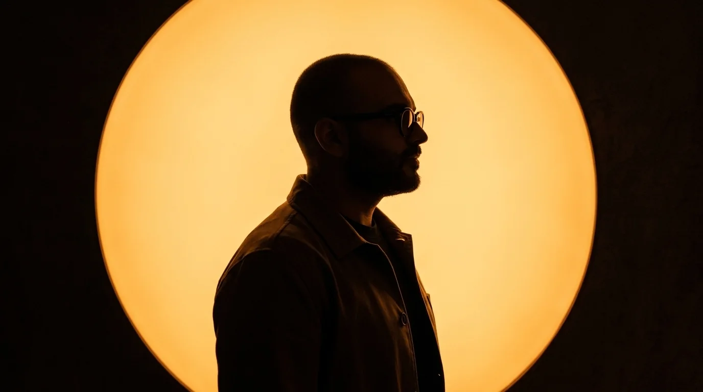 Silhouette of Kamel Aliman against a glowing orange circle